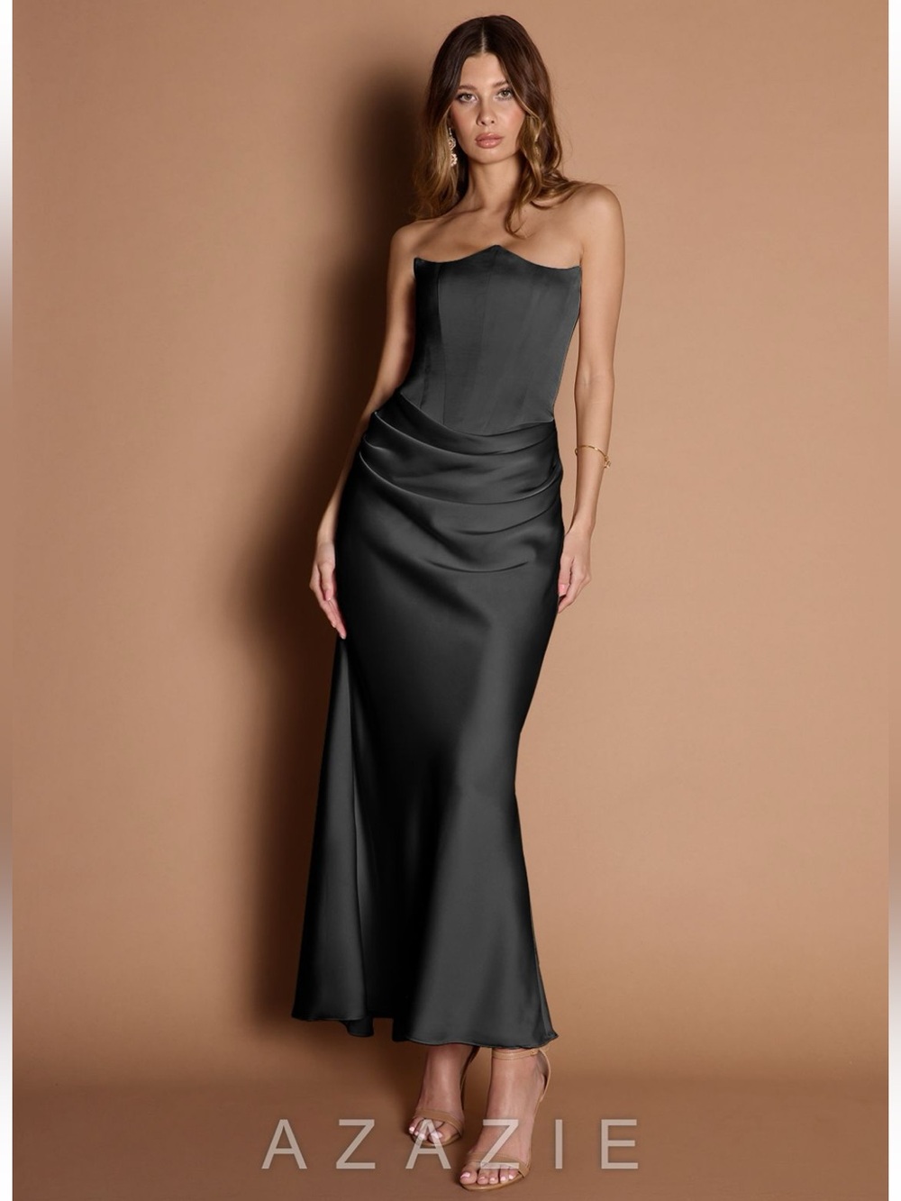 AZAZIE Atelier Debby Black Satin Strapless Corset Maxi Dress Evening Gown